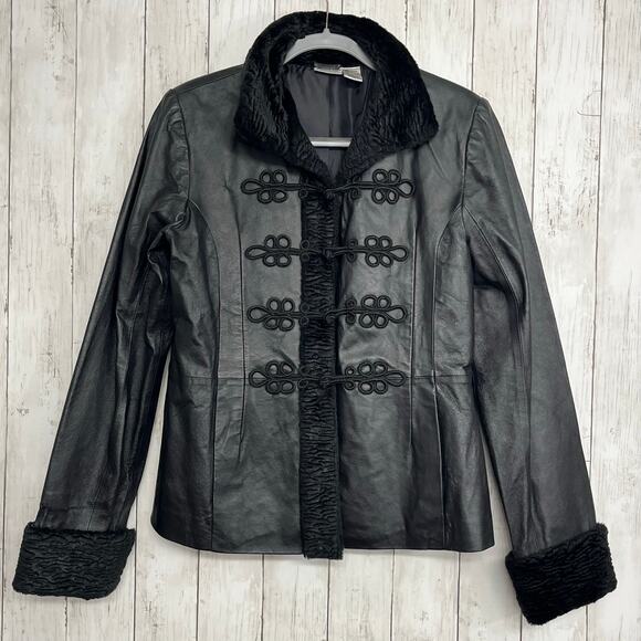 Vintage Newport News Leather Faux Fur Long Sleeve Frog Closure Short Jacket 10 - Picture 1 of 11
